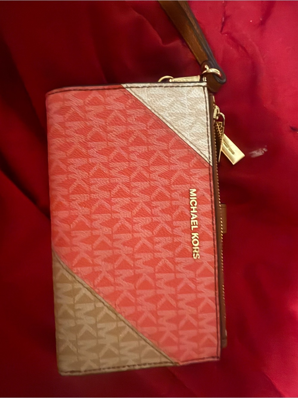 Michael Kors Coral and Taupe Signature Zip Wristlet with Gold Hardware